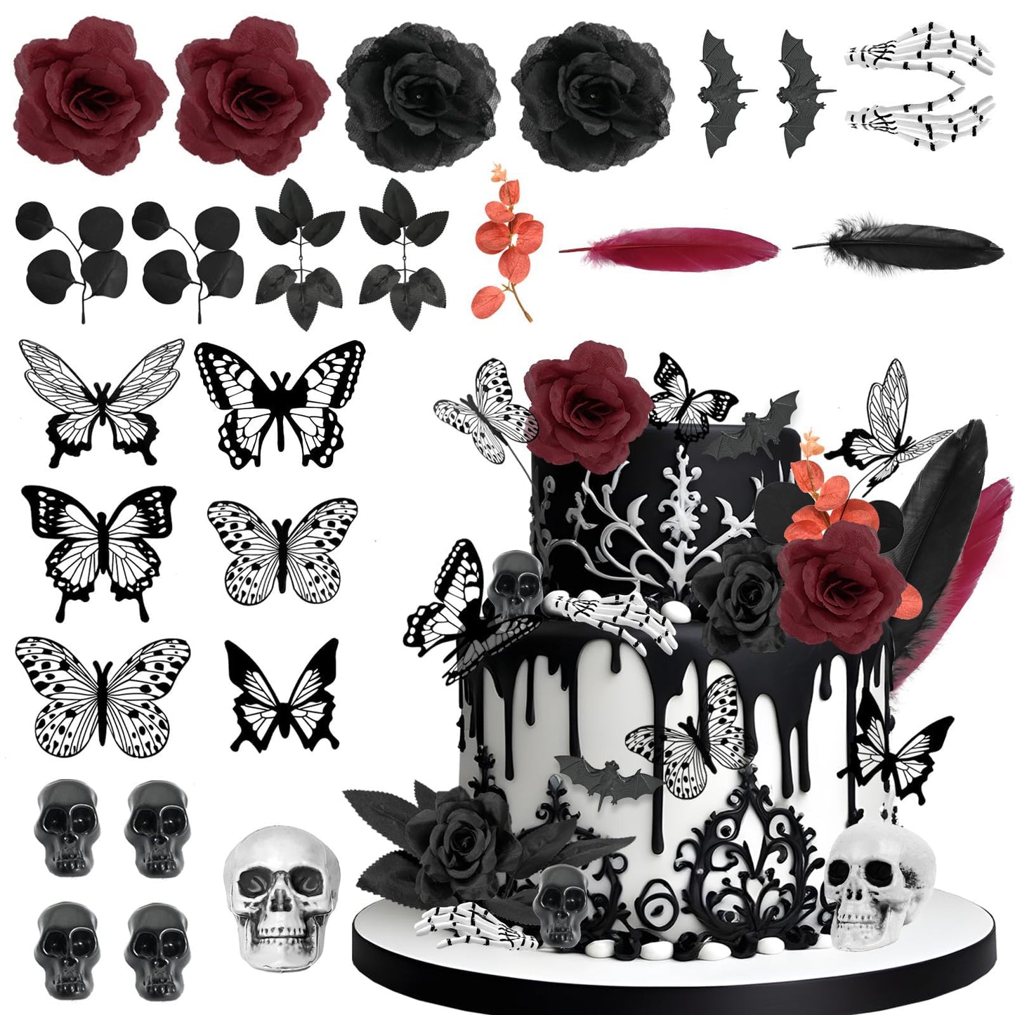 Ylapagne Gothic Cake Decorations, 26PCS Halloween Black Cake Topper with Red Black Rose, Skull, Feather, Ghost Hand, Butterfly Cupcake Toppers for Wedding, Birthday, Wizard Party