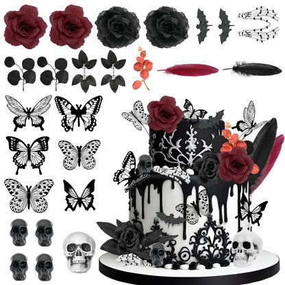 Ylapagne Gothic Cake Decorations, 26PCS Halloween Black Cake Topper with Red Black Rose, Skull, Feather, Ghost Hand, Butterfly Cupcake Toppers for Wedding, Birthday, Wizard Party