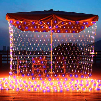 Dazzle Bright 200 LED Net Lights, 9.8 FT x 6.6 FT, Connectable Mesh Lights, Clear Wire, Purple & Orange, Model HB-360WCOI