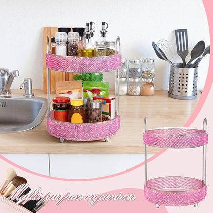 Honeydak 360 Rotating Perfume Organizer Gift for Women, Rhinestone Preppy Skincare Organizer Bathroom Counter Makeup Holder Skincare and Perfume Storage for Cosmetic(2 Tiers,Pearl,Pink)