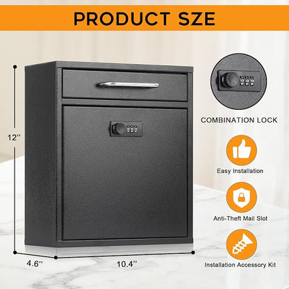 xydled Wall-Mount Mailboxes with Combination Lock, Steel Combination Lock Mail Boxes Outdoor, Locking Wall Mount Mailbox, Security Key Drop Box, 13.4H x 11.6L x 5.8W Inches, Black, Large