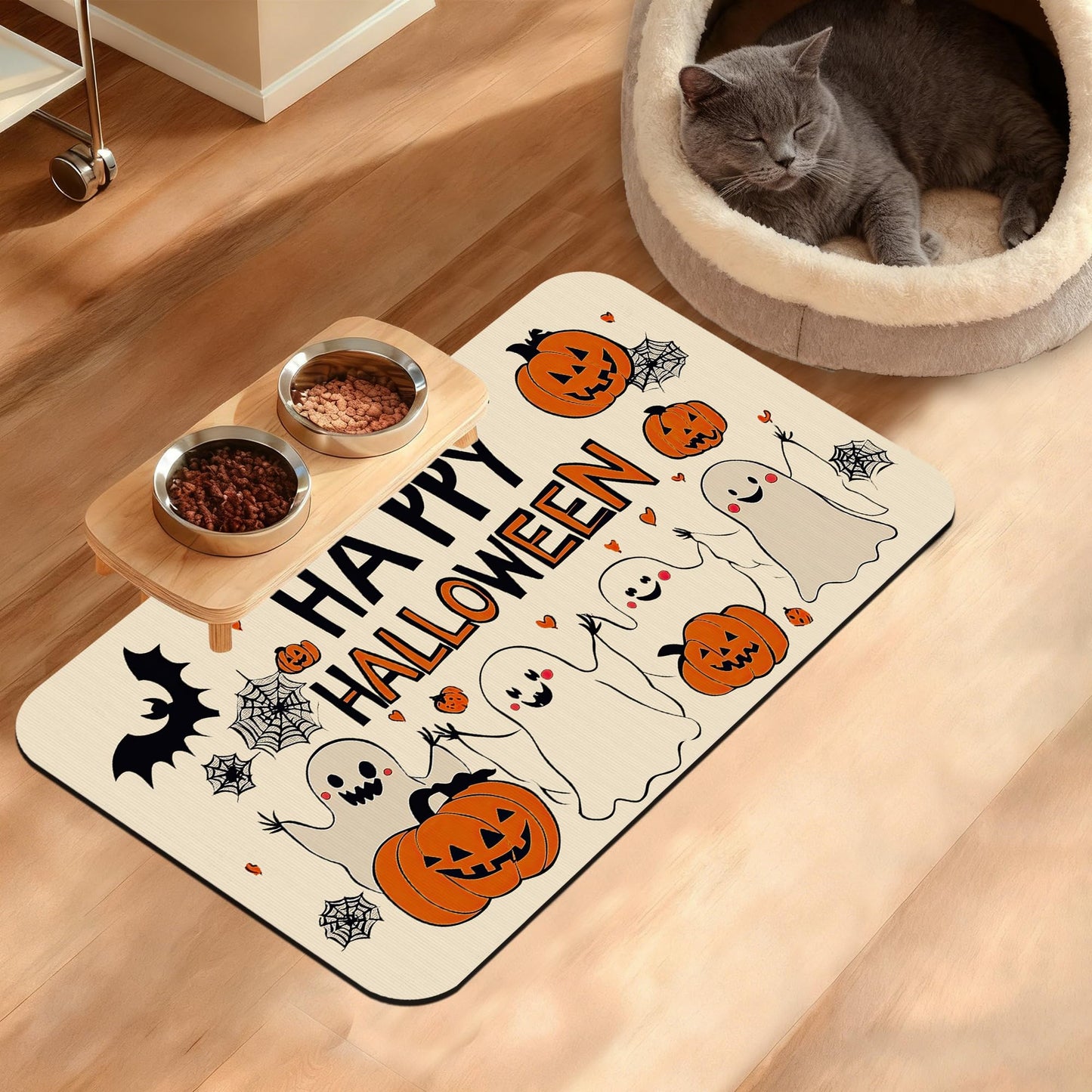 Pumpking Bat Dog Cat Food Mat,Halloween Absorbent Waterproof Placemat for Food and Water Non Slip Rubber Backing Durable Feeding Pad for Clean Floors 12" x 20"