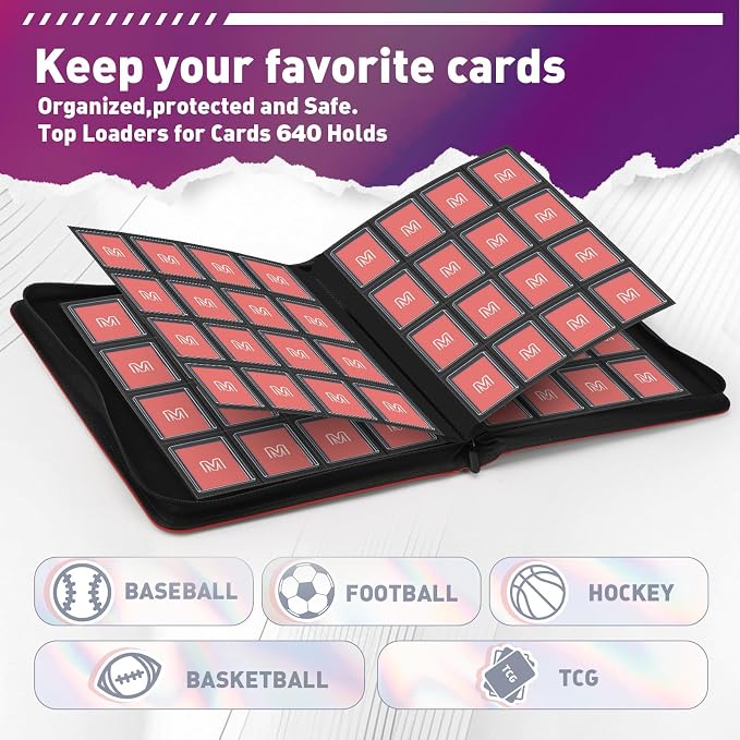 16 Pocket Toploader Binder,Holds 640 Top Loaders,Top Loader Binder for 3" x 4"Rigid Cards,Sleeves Card Collection Binder,20 Double Sided Pages,Compatible with Trading & Sports Holder (16Red)