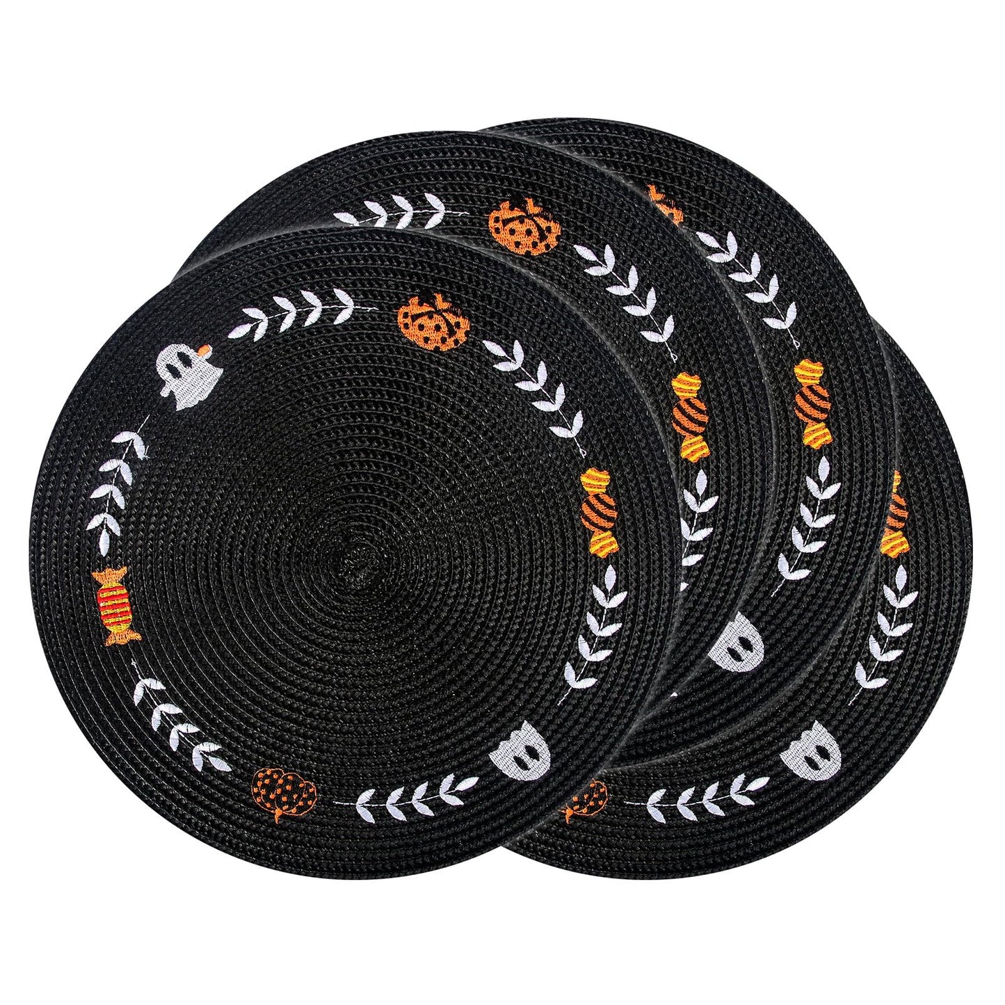 Whaline 4 Pcs Round Halloween Placemats Embroidered Place Mats Spooky Ghost Pumpkin Candy Dinner Table Mats for Home Halloween Trick or Treat Party Table Decor