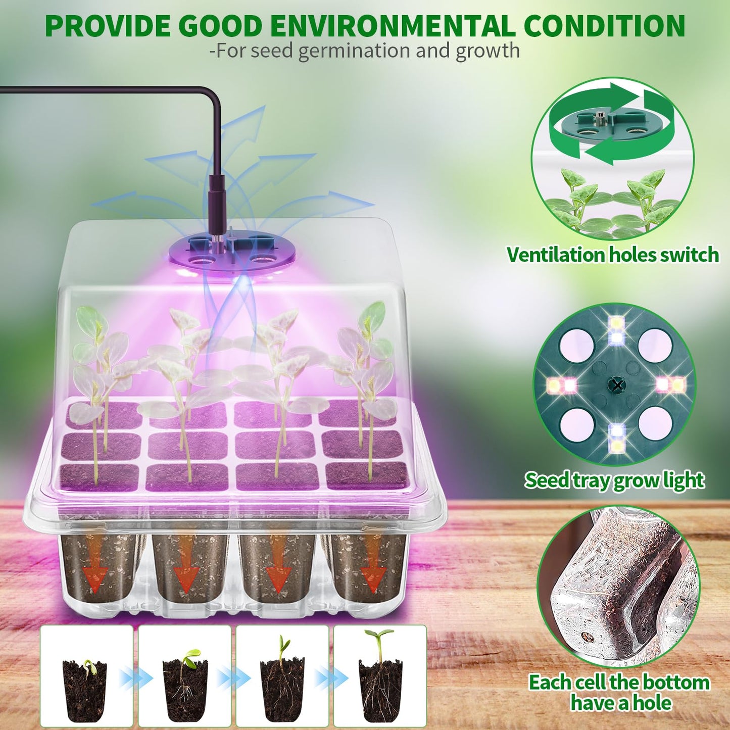Qoolife Seed Starter Tray with Plant Light, 2 Pack Grow Lights for Seed Starting Kit with Humidity Domes, Timing Controller Adjustable Brightness for Greenhouse Propagator Station Growing Transparent