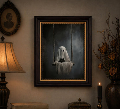 Vbaourut Framed Halloween Black Cat Wall Art, Moody Ghost on Swing Canvas Painting, Spooky Feline Poster with Dark Brown Frame and Upgraded Hook and Loop for bedroom，Study, 9x11 in