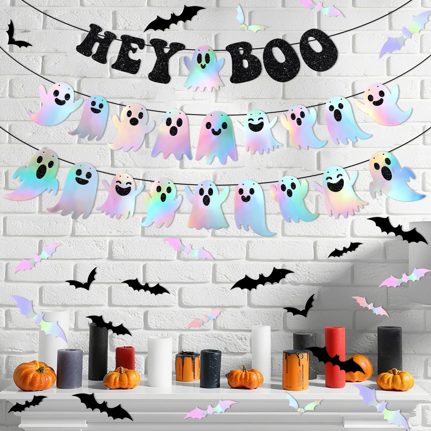 Epakh 27 Pack Iridescent Halloween Decoration Black Glitter Hey Boo Banner Holographic Ghost Garland 3D Bat Wall Sticker for Indoor Outdoor Mantel Wall Window Decor Halloween Party Decoration Supply