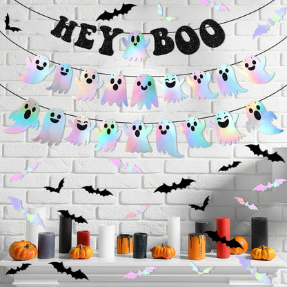 Epakh 27 Pack Iridescent Halloween Decoration Black Glitter Hey Boo Banner Holographic Ghost Garland 3D Bat Wall Sticker for Indoor Outdoor Mantel Wall Window Decor Halloween Party Decoration Supply