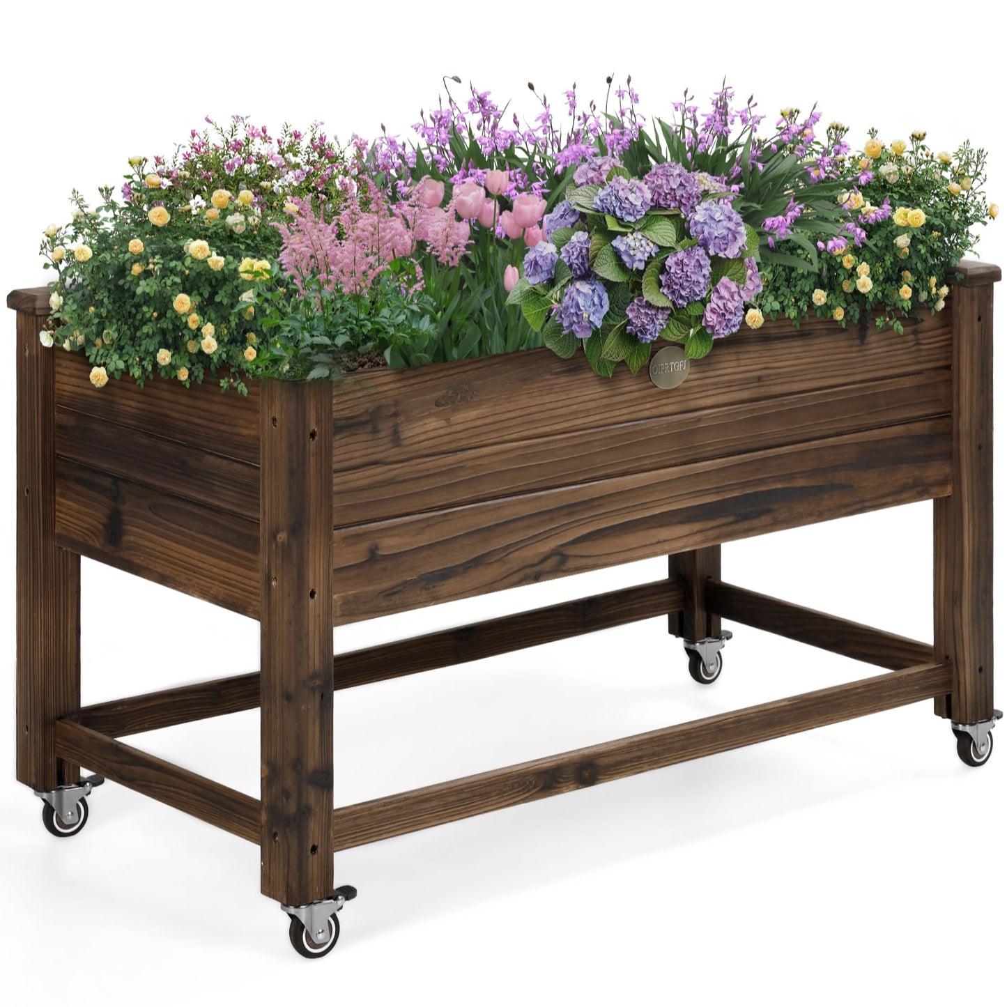 OIPRTGFJ Cedar Wood Outdoor Raised Garden Bed Planter Box with Locking Wheels, 41x21x20 inch, Carbonization Color