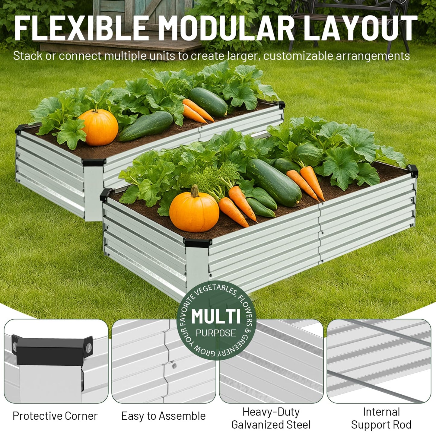 Bujijun 2 Pack 8x4x1FT Galvanized Metal Raised Garden Bed Kit for Vegetables, Herbs, Open-Bottom Large Capacity Outdoor Planter Box Gardening Stakes, Silver