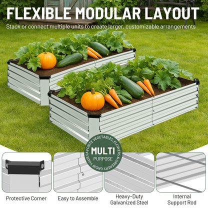 Bujijun 2 Pack 8x4x1FT Galvanized Metal Raised Garden Bed Kit for Vegetables, Herbs, Open-Bottom Large Capacity Outdoor Planter Box Gardening Stakes, Silver