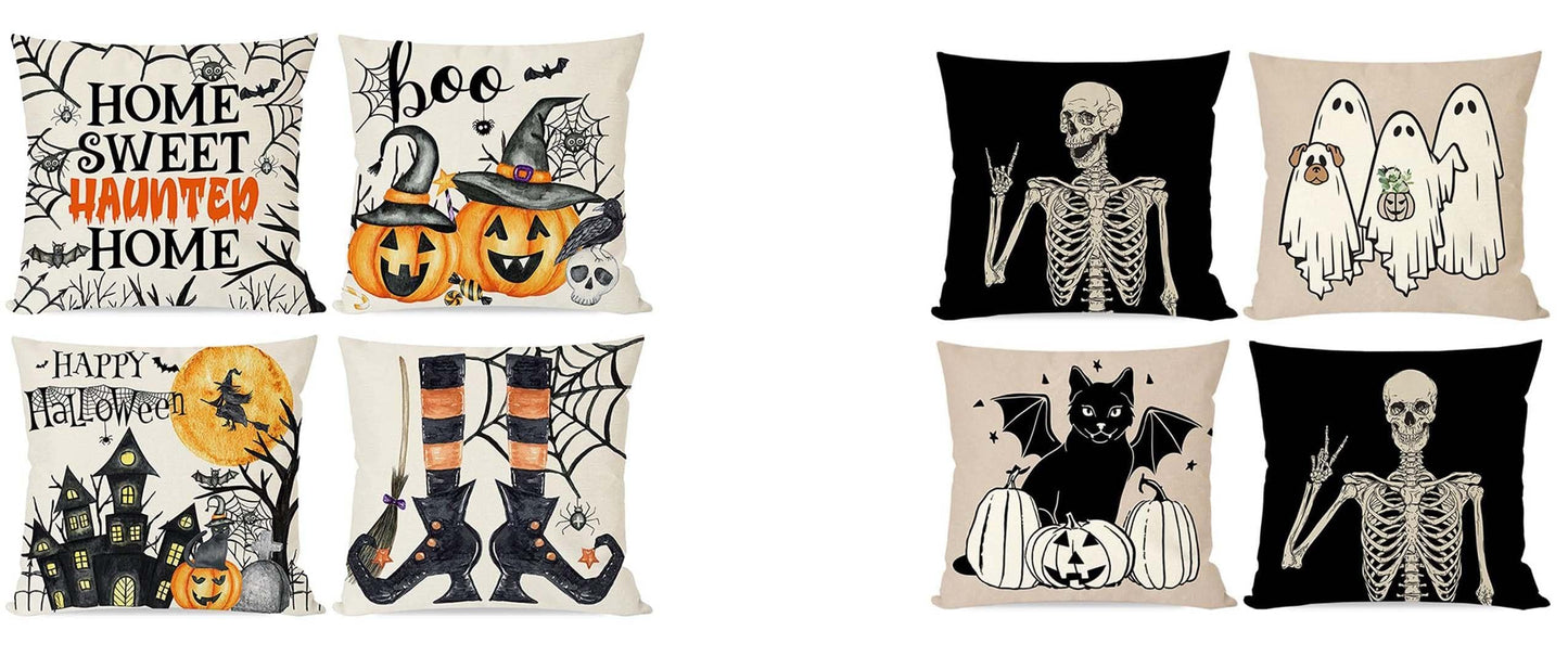 PANDICORN Halloween Throw Pillow Covers, Halloween Decorations, Witch Leg Pumpkin Spider Web Cute Skeleton Ghost Decor for Home Living Room Couch Decor Set of 8(Black,Beige,Orange,18x18 Inch)