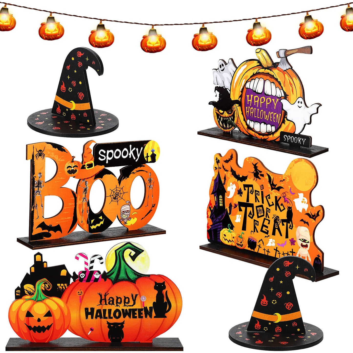 Jetec 6 Pcs Halloween Office Decorations Table Centerpiece with 5 ft Pumpkin String Light, Boo Spooky Trick or Treat Pumpkin Witch Hat Wood Table Signs for Happy Halloween Tier Tray Home Decoration