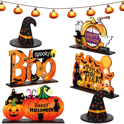 Jetec 6 Pcs Halloween Office Decorations Table Centerpiece with 5 ft Pumpkin String Light, Boo Spooky Trick or Treat Pumpkin Witch Hat Wood Table Signs for Happy Halloween Tier Tray Home Decoration