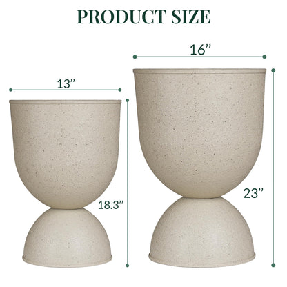 KOL Planters Flower Pots, Large Plastic Urn Planters for Indoor Outdoor Plants, Beige Pedestal Planter 2 Pack, 18 Inch+23 Inch, Decorative Planters with Drainage Holes & Plugs for Porch Garden