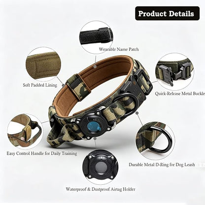 Upgraded AirTag Dog Collar,Waterproof Tactical Dog Collar with AirTag Holder, Control Handle and Metal Buckle,Heavy Duty Dog Collars for Large Dogs(AirtagCamo，XL