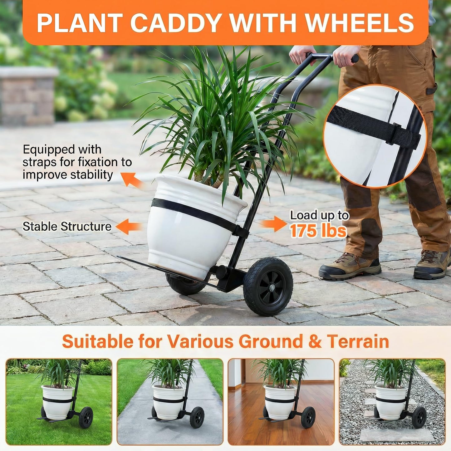 Heavy Duty Plant Caddy with Wheels, 175Lbs Adjustable Plant Dolly Cart with Grab Arm/Suction Cups/Strap, Dual Protection Potted Plant Mover Cart for Indoor Outdoor Garden Courtyard Office, Black