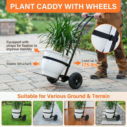 Heavy Duty Plant Caddy with Wheels, 175Lbs Adjustable Plant Dolly Cart with Grab Arm/Suction Cups/Strap, Dual Protection Potted Plant Mover Cart for Indoor Outdoor Garden Courtyard Office, Black