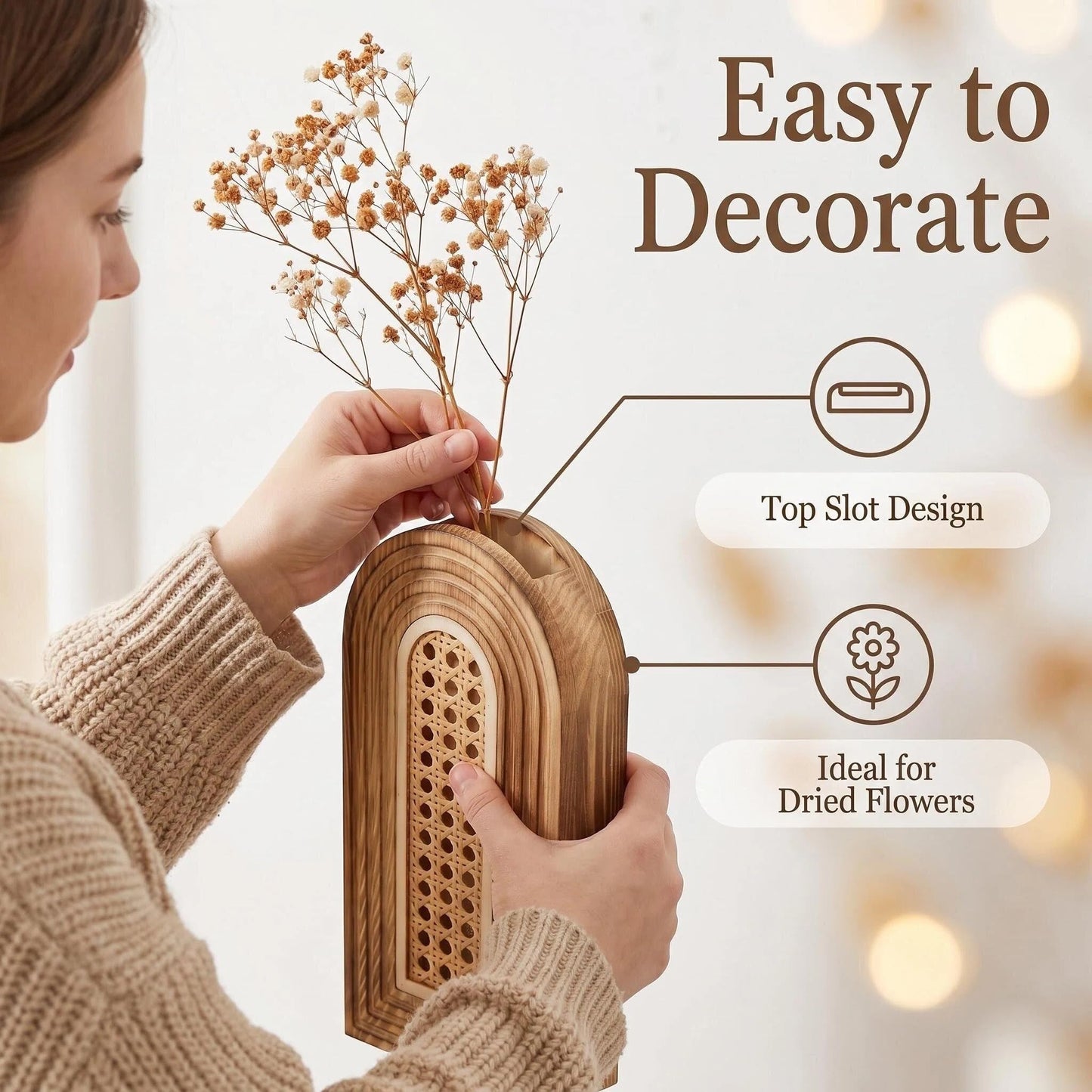 Dnnnii 2 Pack Wooden Wall Vase Set - Brown Finish Hollow Rattan Modern Farmhouse & Boho Wall Decor for Entryway, Hallway, Bathroom, Living Room, Dining Room, Narrow Spaces