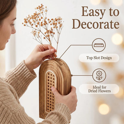 Dnnnii 2 Pack Wooden Wall Vase Set - Brown Finish Hollow Rattan Modern Farmhouse & Boho Wall Decor for Entryway, Hallway, Bathroom, Living Room, Dining Room, Narrow Spaces
