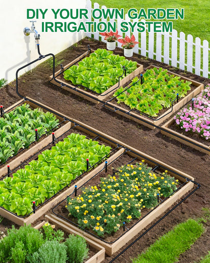 IRRIGARDENER Drip Irrigation System for Garden, Automatic Garden Watering System with 115FT 1/2” & 1/3” Tubing, Dual Faucet, Adjustable Nozzle Emitters for Garden, Greenhouse, Lawn, Potted Plants