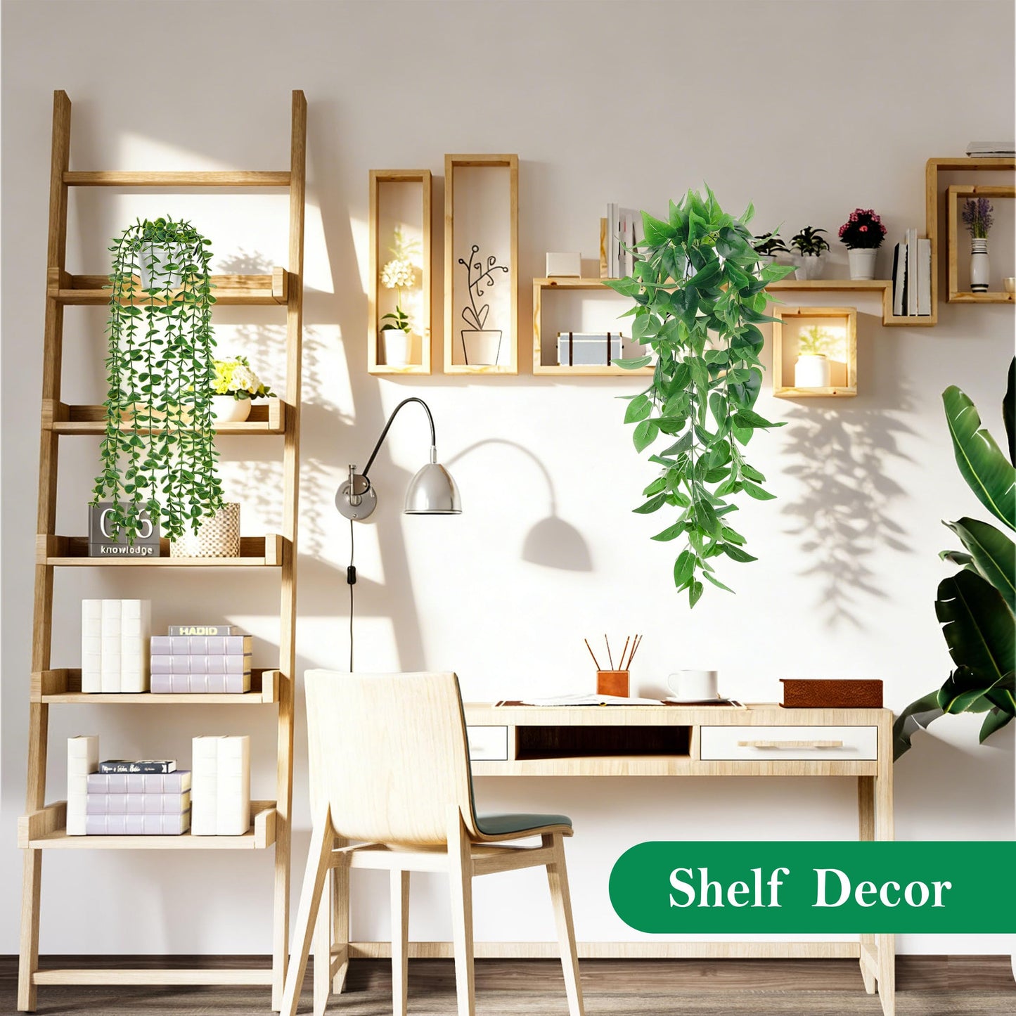 Der Rose 8Pcs Fake Plants Hanging Artificial Ivy Vine Faux Eucalyptus Hanging Plants for Home Boho Wall Shelf Indoor Outdoor Decor (White Pots)