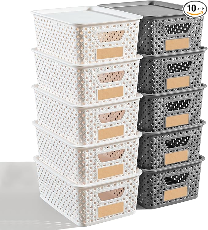 10 Pack Small Plastic Storage Bins with Lids, Stackable Plastic Storage Baskets for Organizing with Handles, Organizer Bins with Labels for Room, Craft, Containers for Pantry Organizers and Storage