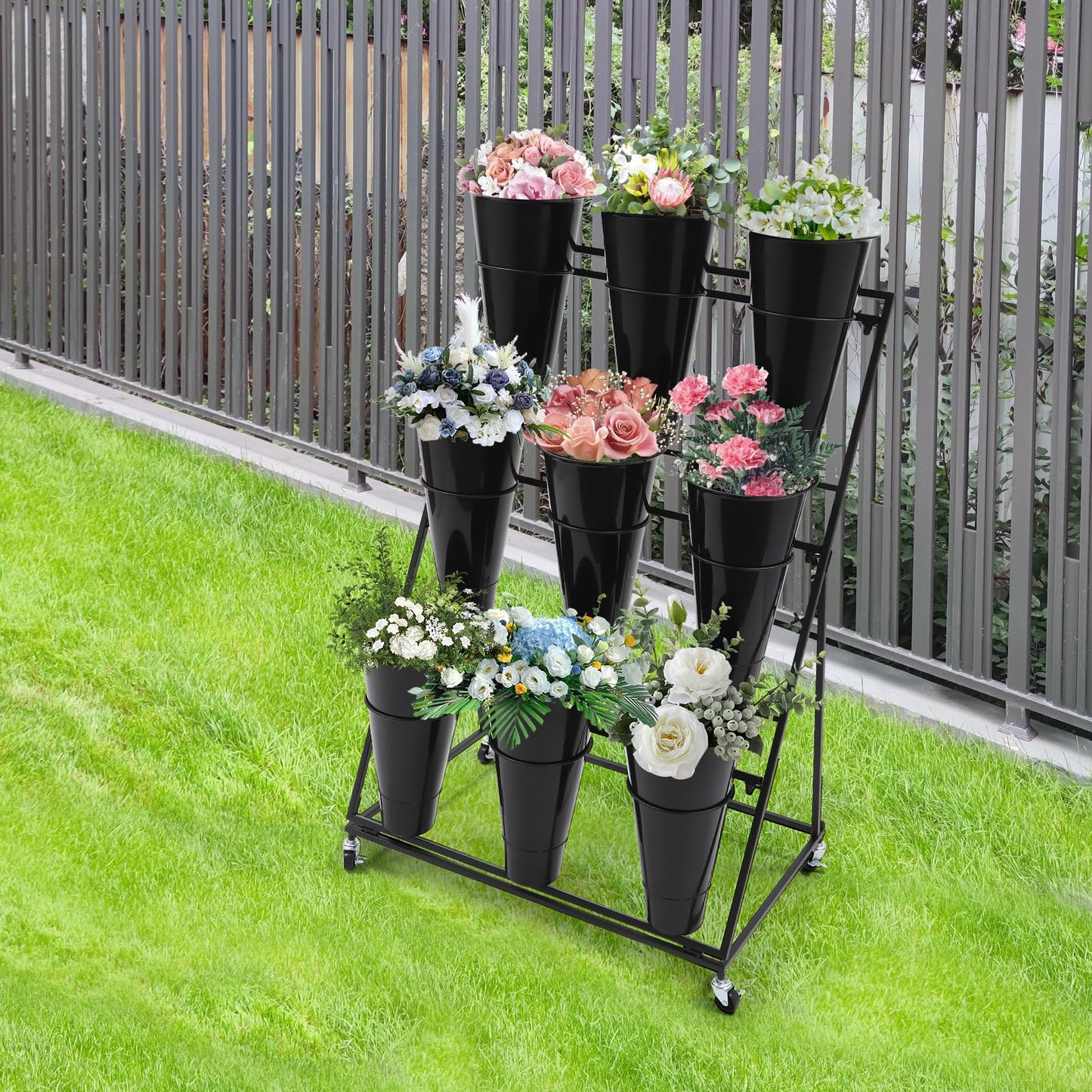 CNCEST Flower Display Stand With 9PCS Buckets,3 Layers Metal Plant Stand with Wheels,Moving Plant Cart Shelf Indoor Outdoor Flower Rack for Home Patio Balcony (Black, 3 Tier,9PCS)