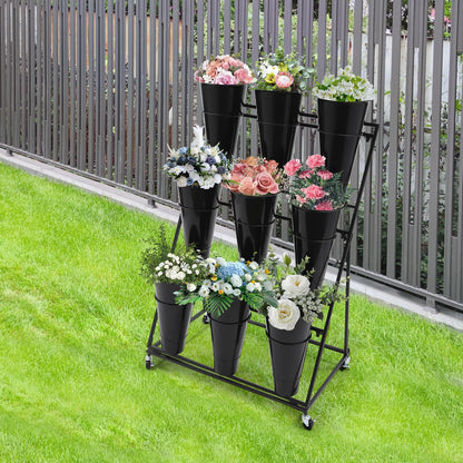 CNCEST Flower Display Stand With 9PCS Buckets,3 Layers Metal Plant Stand with Wheels,Moving Plant Cart Shelf Indoor Outdoor Flower Rack for Home Patio Balcony (Black, 3 Tier,9PCS)