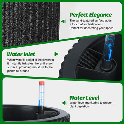 GarveeLife 14.2 in Planters Set of 2, Outdoor＆Indoor Black Planter Pots, Planter Pots with Inner Bucket and Water Level Monitor, for Patio, Porch, Living Room, or Home Office, Classic Black