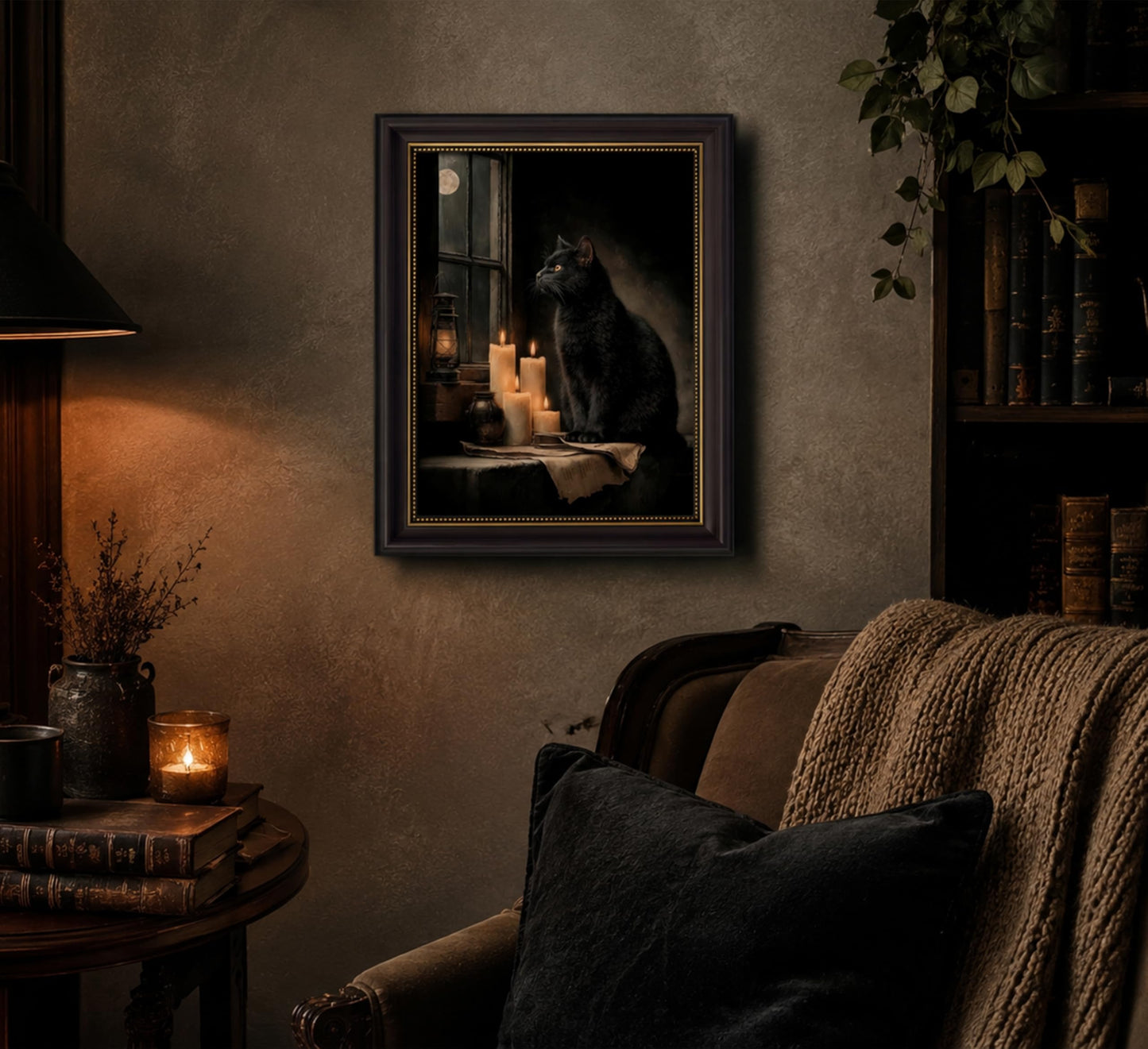 TravelReady Dark Brown Framed Canvas Wall Art Black Cat and Candle Damage-Free Hook and Loop Gothic Elegance Dark Academia Picture Decor for Bedroom Living Room, 9x11 in