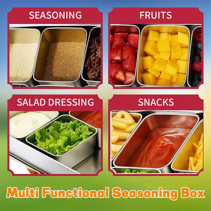 TOTITOM Seasoning Condiment Container, 3 Compartment 304 Stainless Steel Seasoning Organizer Box with Lids Spoons, for Snacks Flour Dry Goods Fruits Ingredient Kitchen Restaurant Pantry