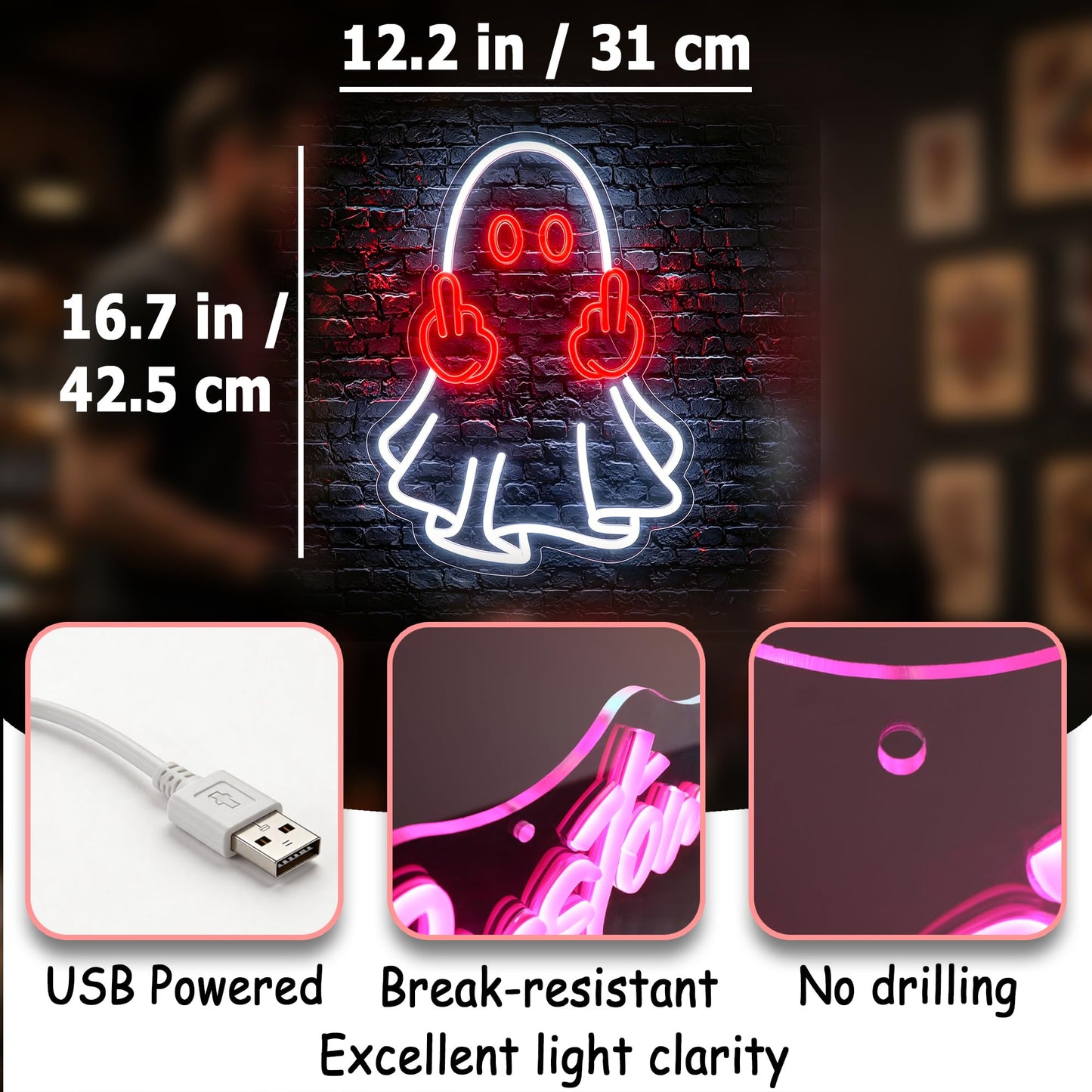 Whfobfe Red&White Neon Sign Led Neon Lights Signs for Wall Decor USB Powered Led Signs for Room Decoration-Ghost