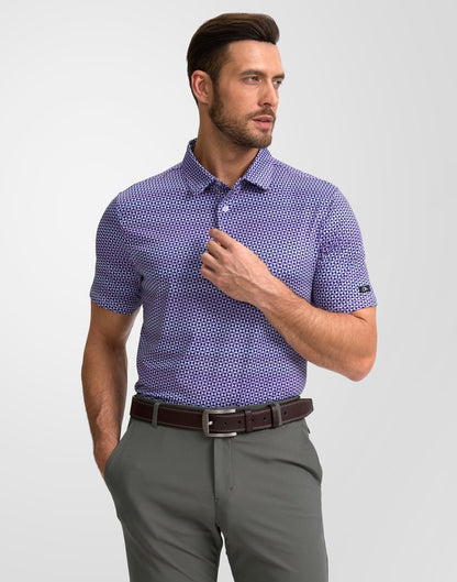 Obla Mens Golf Polo Shirts Short Sleeve Dry Fit Performance Moisture Wicking Casual Print Collared Golf Shirts for Men(Purple Square_XXXL)
