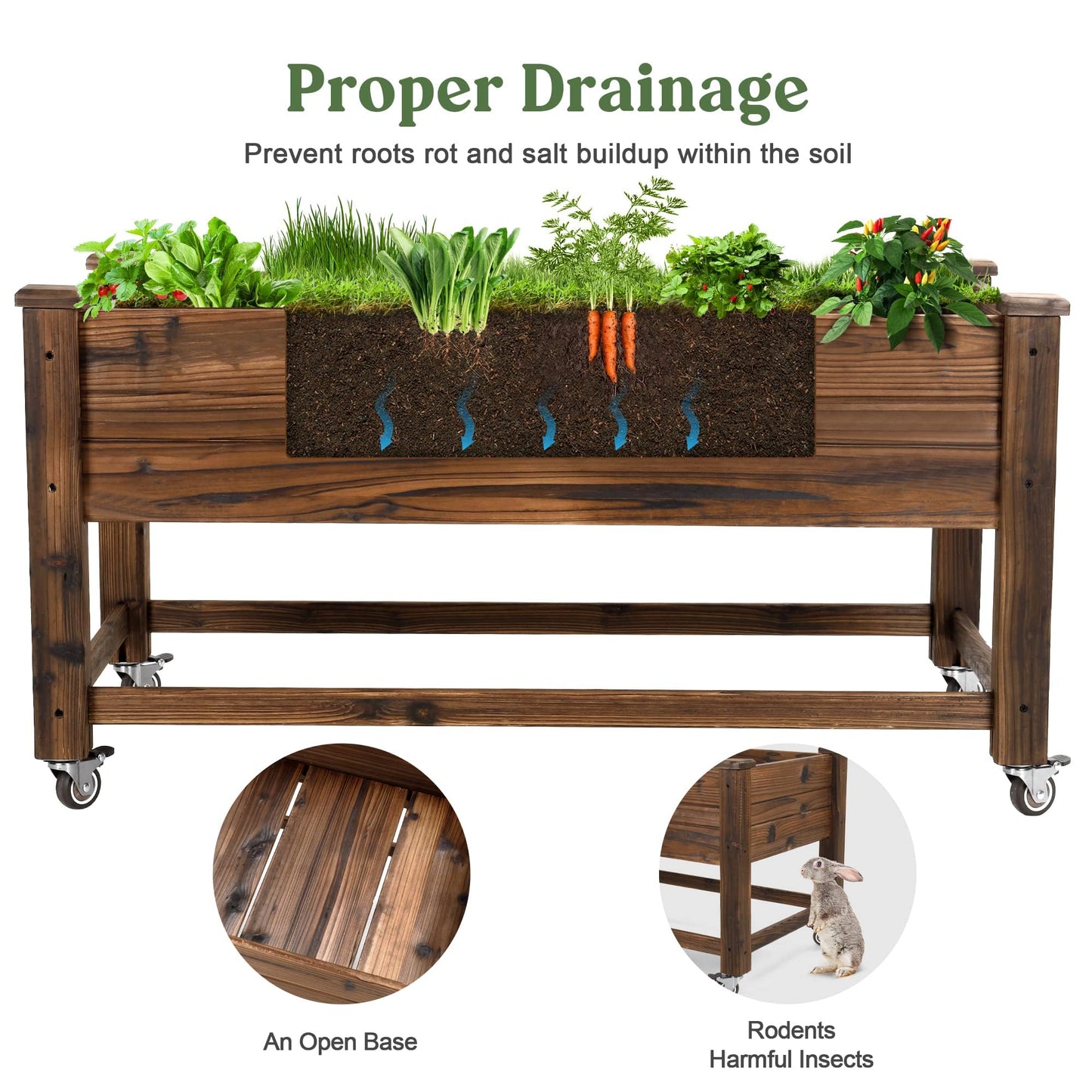 OIPRTGFJ Cedar Wood Outdoor Raised Garden Bed Planter Box with Locking Wheels, 41x21x20 inch, Carbonization Color