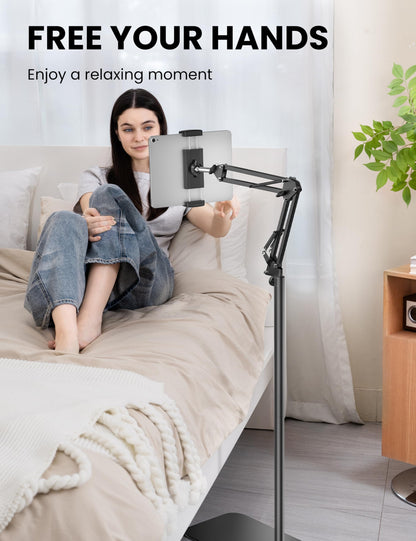 Tablet Floor Stand, 360-Degree Rotatable Metal Tablet Holder Stand, Adjustable Height and Angle iPad Stand,Universal Tablet Holder for iPad/Phone/Kindle/Tabs/E-Readers and all 4.7~12.9” Screen Devices