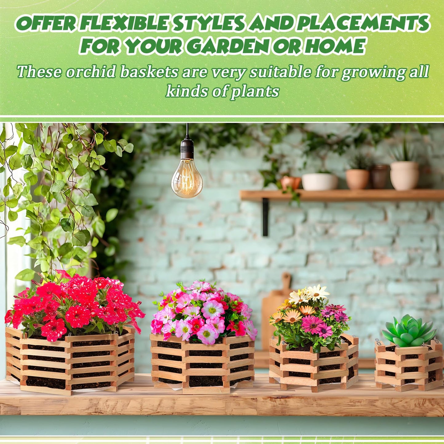 Romooa 4 Pcs Wooden Orchid Baskets with Hangers for Outdoor Plants, Rustic Handmade Vanda Baskets, Hanging Orchid Planter, 4 Size