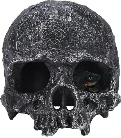 Resin Reptile Hideout for Tank Realistic Skull Decor for Terrarium Black Decorative Skeleton Head Hides and Caves for Fish Ball Python Axolotl Tarantula