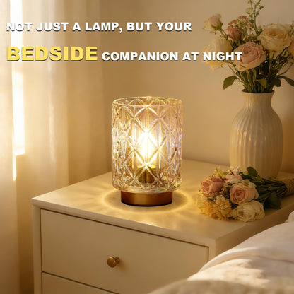 Battery Operated Lamp,Cordless Samll Glass Accent Lamp with Timer for Nightstand,Warm White Cozy Ambient Decorative Table Lamps for Shelf/Dorm/Office Cubicle/Desk/Entryway/Bedside(Iridescent Clear)
