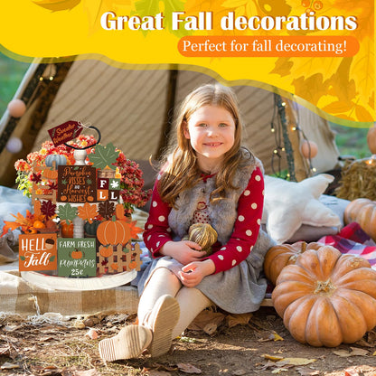 BBTO Set of 15 Fall Tiered Tray Decor Pumpkins Farmhouse Decor Autumn Maple Leaf Thanksgiving Table Centerpieces Harvest Wood Blocks Signs for Home(Fresh Style)
