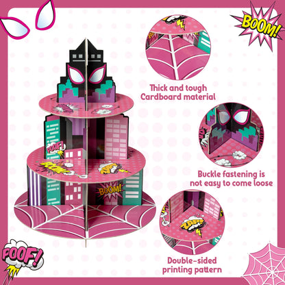 Andi Cppss Pink Spider Cupcake Stand - 3 Tier Pink Spider Party Dessert Holder Spiders Theme Cardboard Cake Stand for Birthday Party Decorations Cupcake Display for Kids Birthday Party Supplies