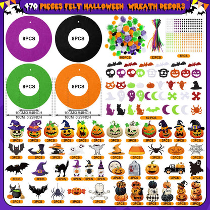 Moucuny 470 Pcs Halloween Craft Kits DIY Wreath Craft Kit Halloween Wreath Decorations with Ghost Witch Bats Pumpkin Cat Stickers Home Indoor Party Favors