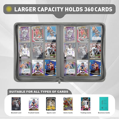 Trading Card Binder 9 Pocket, 360 Pockets Double-Sided Card Album, Premium PU Leather Zipper Card Holder for MTG, TCG, Sports & Game Cards, Must-Have for Collectors（Gray）