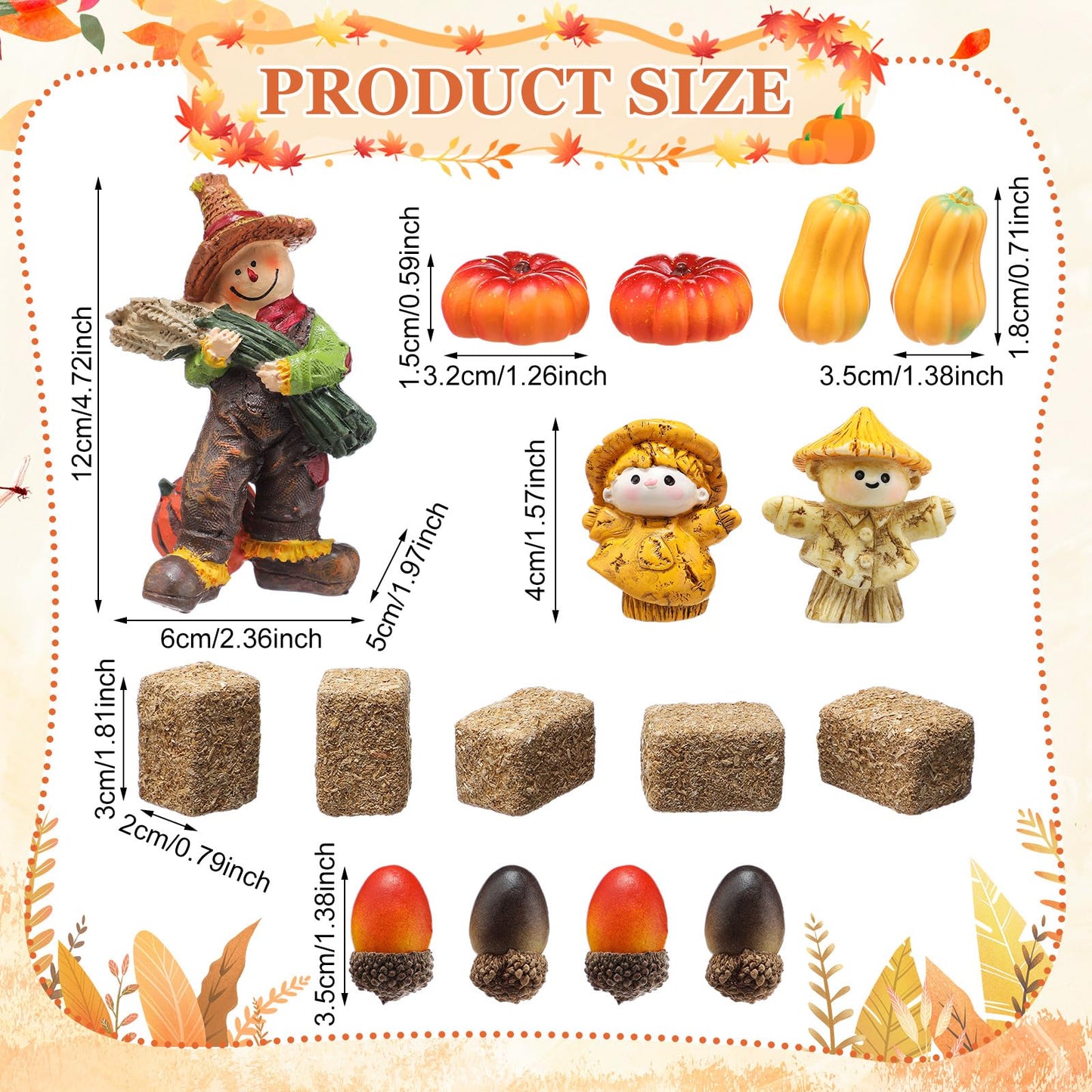 Arrowbash Fall Village Accessories Mini Hay Bales Set Fall Miniature Figurines with Acorns Pumpkins Scarecrow Simulation Farm for Dollhouse Farmhouse Autumn Harvest Thanksgiving Tabletop Decor
