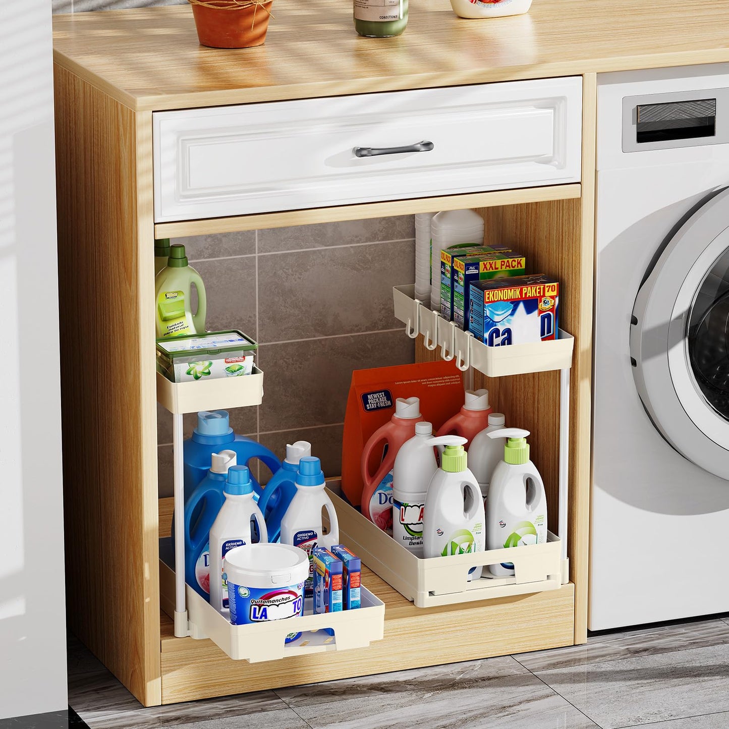 Delamu 2 Pack Under Sink Organizers and Storage, 2 Tier Pull Out Bathroom Cabinet Organizer, L-Shape Black Under Bathroom Kitchen Sink Organizer with Drawer for Under Sink Storage Organizer