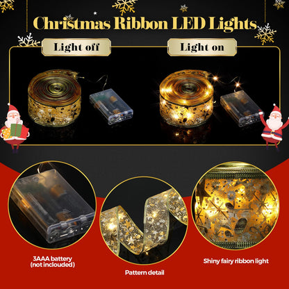 Sherr 79ft Christmas Ribbon Lights, 240 LED Fairy Lights, Battery Operated, Gold, Model SH-79FT-240-G-HD