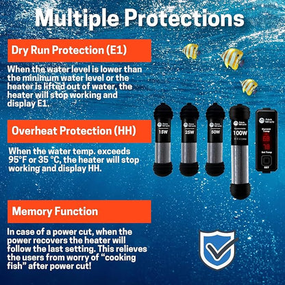 AquaMiracle Upgraded 25W Small Aquarium Heater Fish Tank Heater Turtle Heater Super Mini Aquarium Heater, Dry-Run/Overheating Protection and Memory Function, Dual LED Display, for 3-5 Gal Tanks