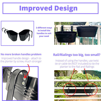 LaLaGreen Outdoor Plants Rail Planter Plants (6 Pack, 11.2 Inch) Black Metal Iron Hanging Flower Pots Deck Railings Fence Buckets Modern Style Wall Mount Window Box Plant Holder with Hooks Porch Decor