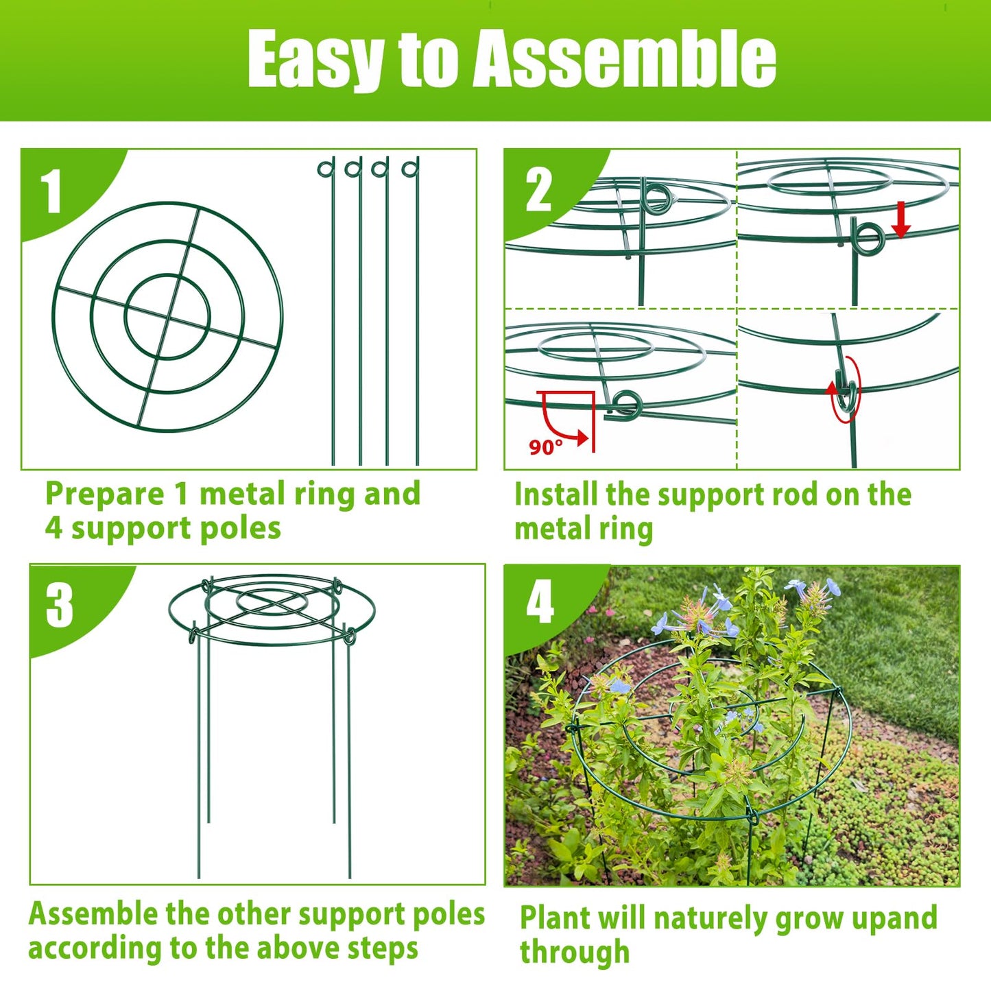 4 Pack Peony Cages and Supports, 14" Dx24 H Plant Supports for Outdoor Plants, Heavy Duty Metal Peony Support Cage Flower Support Rings, Plant Support Ring for Rose Tomato Hydrangea Strawberry