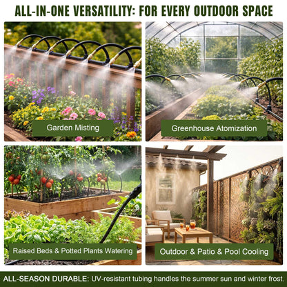 66FT Drip Irrigation System Kit Dual-Zone Garden Atomizing Watering System with 20 Copper 360° Adjustable Bendable Nozzles, Y-Splitter, Leak-Proof 1/4" Misting System for Garden Greenhouse Raised Beds